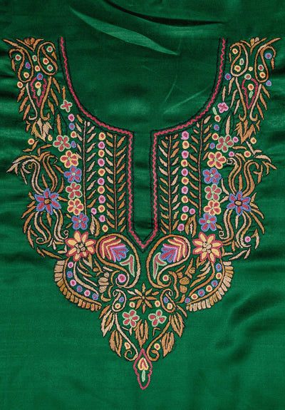 Green Glamour: Aari Hand Embroidered Kashmiri Suit with Floral Design - KashmKari