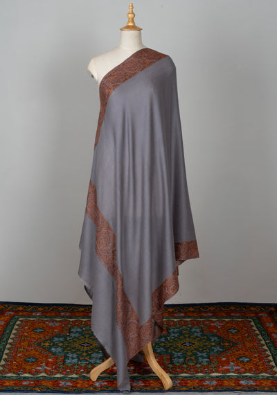 2.5 Yards | Shaam-e-Falak — Sozni Hand-Embroidered Shawl in Slate Grey with Burnt Copper & Rust Borders