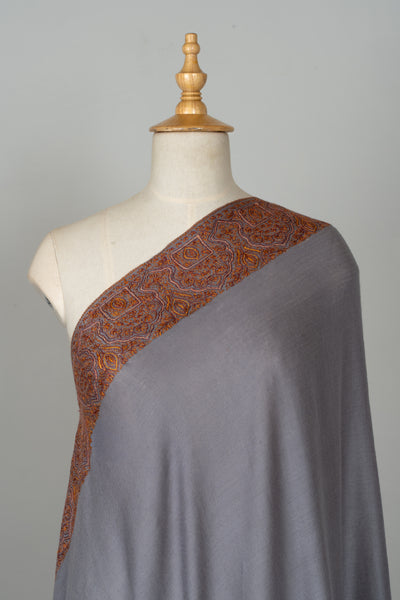 2.5 Yards | Shaam-e-Falak — Sozni Hand-Embroidered Shawl in Slate Grey with Burnt Copper & Rust Borders