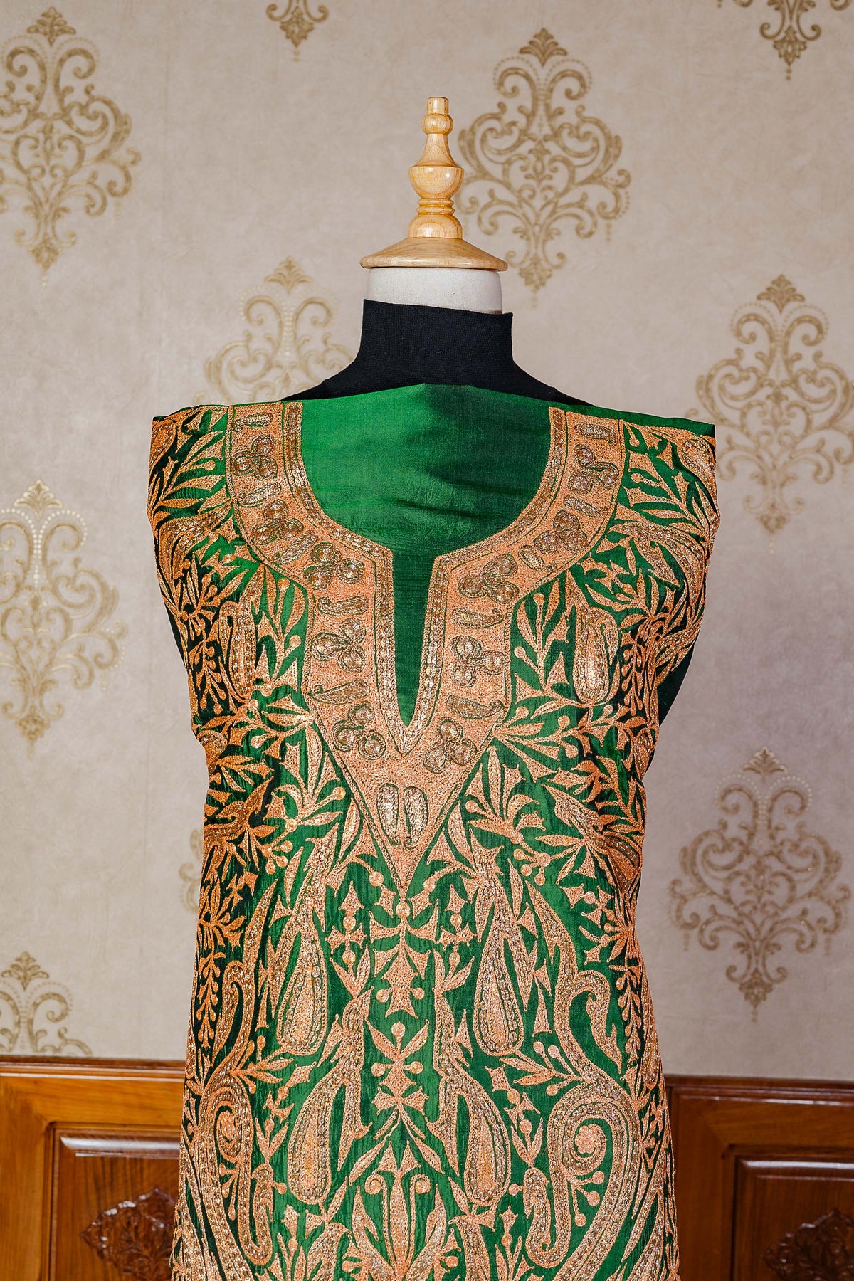 The Art of Sophistication: Green Pure Silk Suit with Tilla Embroidery - KashmKari