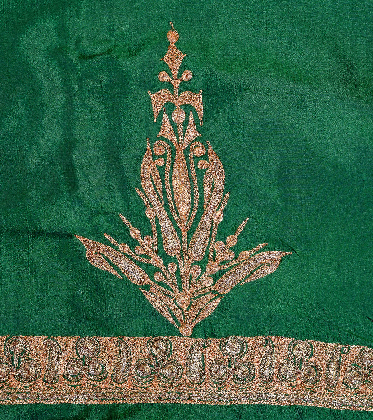 The Art of Sophistication: Green Pure Silk Suit with Tilla Embroidery - KashmKari