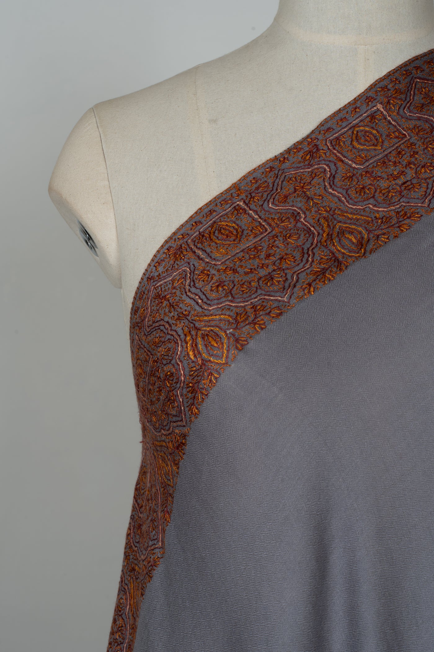 2.5 Yards | Shaam-e-Falak — Sozni Hand-Embroidered Shawl in Slate Grey with Burnt Copper & Rust Borders