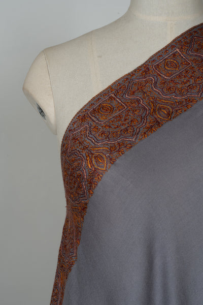 2.5 Yards | Shaam-e-Falak — Sozni Hand-Embroidered Shawl in Slate Grey with Burnt Copper & Rust Borders