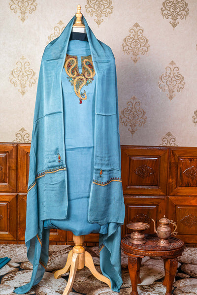 Artisan's Touch: Sozni and Tilla Embroidered Suit in Sky Blue