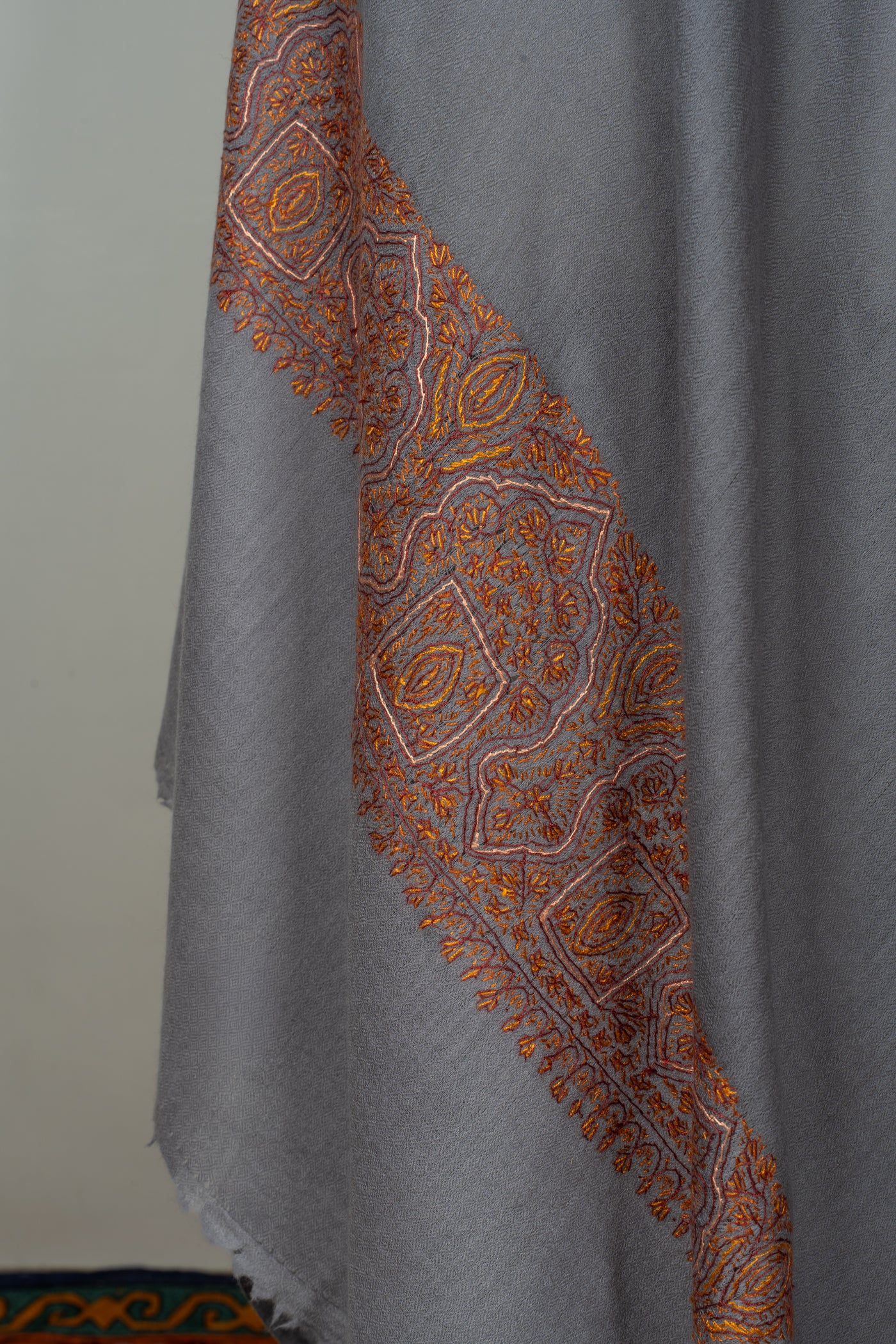 2.5 Yards | Shaam-e-Falak — Sozni Hand-Embroidered Shawl in Slate Grey with Burnt Copper & Rust Borders