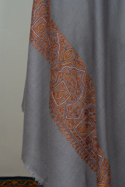 2.5 Yards | Shaam-e-Falak — Sozni Hand-Embroidered Shawl in Slate Grey with Burnt Copper & Rust Borders