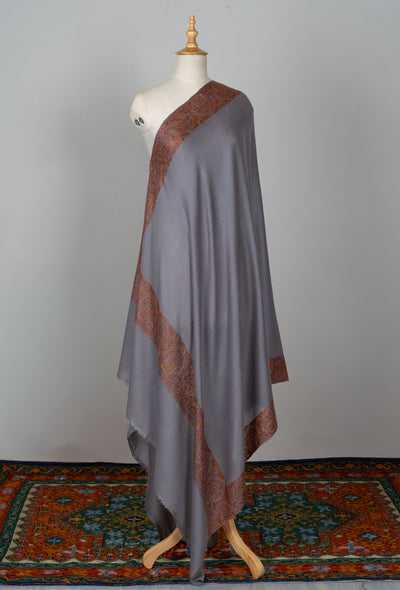 2.5 Yards | Shaam-e-Falak — Sozni Hand-Embroidered Shawl in Slate Grey with Burnt Copper & Rust Borders