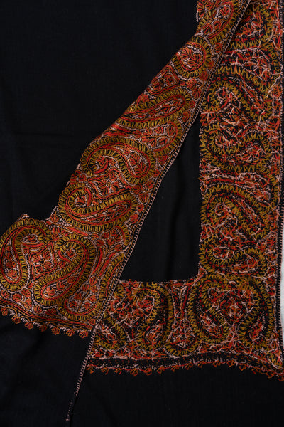 2.5 Yards | Siyah-e-Zari — Sozni Hand-Embroidered Shawl in Black with Rust & Olive Paisleys