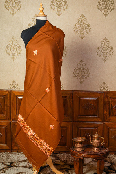 Hand Aari Embroidered Floral Maple Shawl: Mustard Beauty - KashmKari