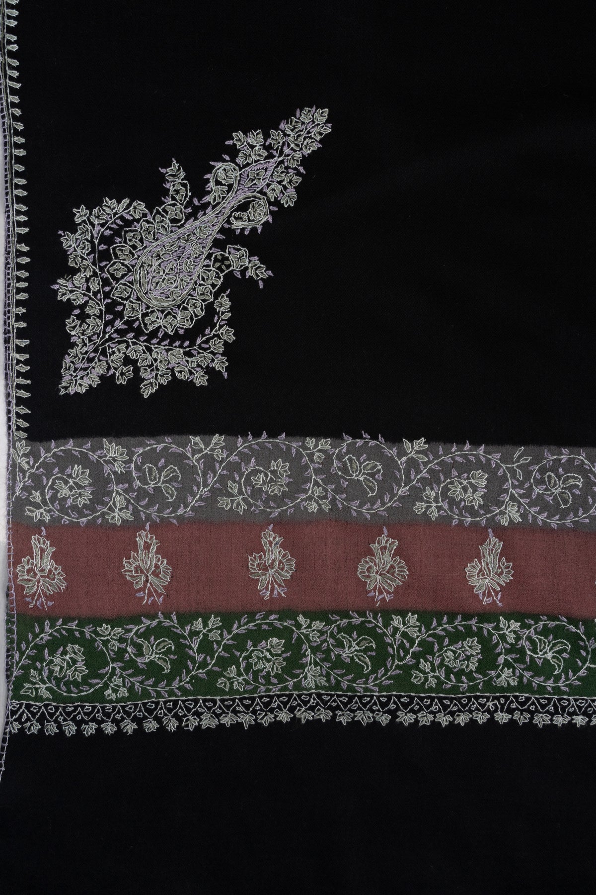 Midnight Regal Charm: Merino wool 2.5 Yards Sozni Hand Embroidered Shawl