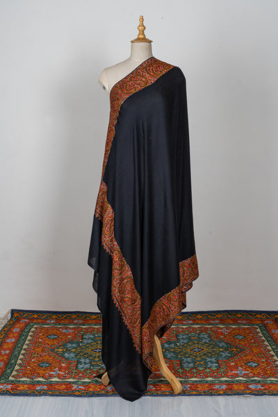 2.5 Yards | Siyah-e-Zari — Sozni Hand-Embroidered Shawl in Black with Rust & Olive Paisleys