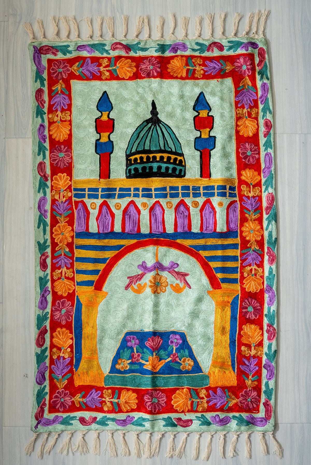 Celestial Minaret Garden: Hand Embroidered Jainimaz (Prayer Mat)