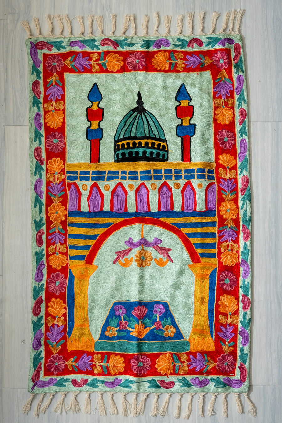 Celestial Minaret Garden: Hand Embroidered Jainimaz (Prayer Mat)