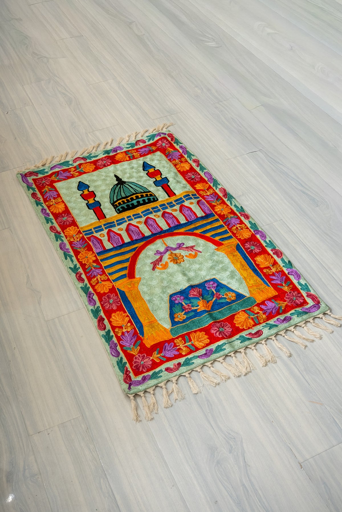 Celestial Minaret Garden: Hand Embroidered Jainimaz (Prayer Mat)