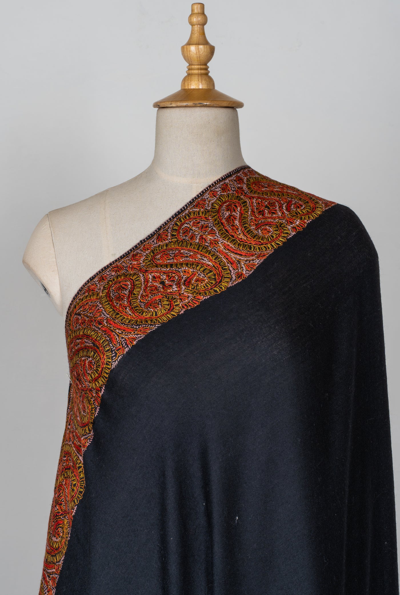 2.5 Yards | Siyah-e-Zari — Sozni Hand-Embroidered Shawl in Black with Rust & Olive Paisleys