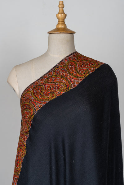 2.5 Yards | Siyah-e-Zari — Sozni Hand-Embroidered Shawl in Black with Rust & Olive Paisleys