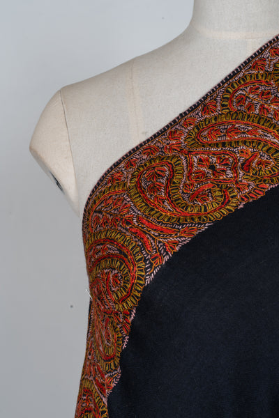 2.5 Yards | Siyah-e-Zari — Sozni Hand-Embroidered Shawl in Black with Rust & Olive Paisleys