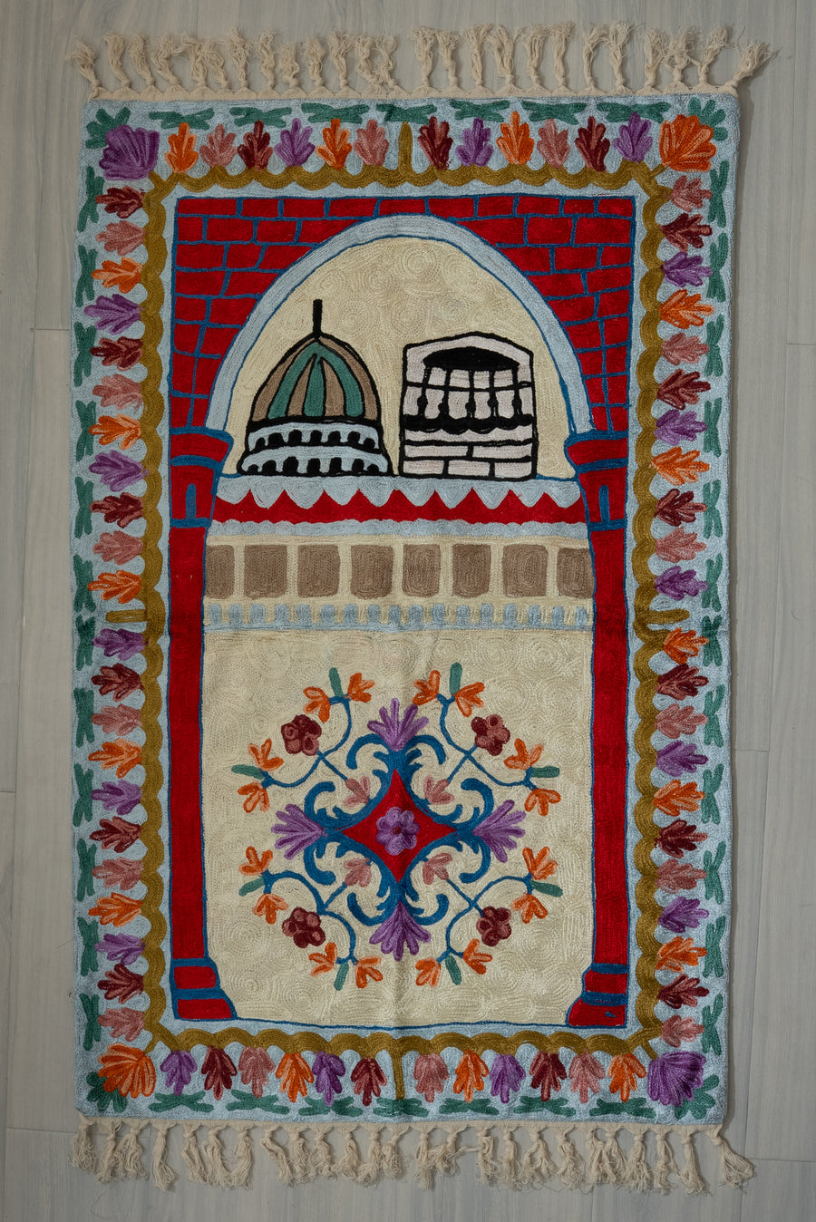 Divine Courtyard Bloom: Hand Embroidered Jainimaz (Prayer Mat)
