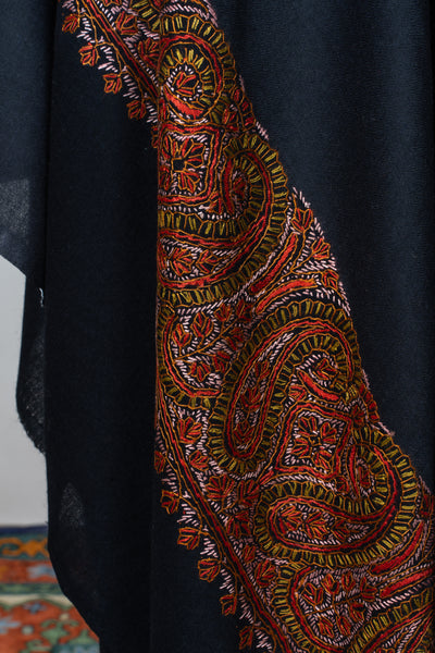 2.5 Yards | Siyah-e-Zari — Sozni Hand-Embroidered Shawl in Black with Rust & Olive Paisleys