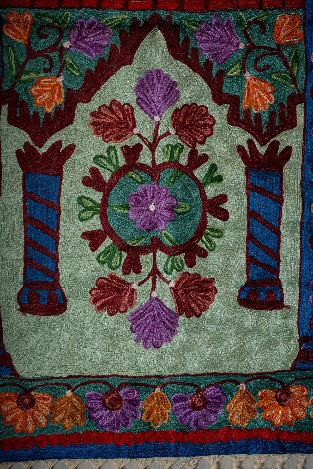 Crimson Garden Serenity: Hand Embroidered Jainimaz (Prayer Mat)