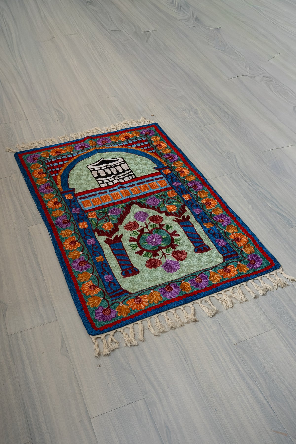 Crimson Garden Serenity: Hand Embroidered Jainimaz (Prayer Mat)