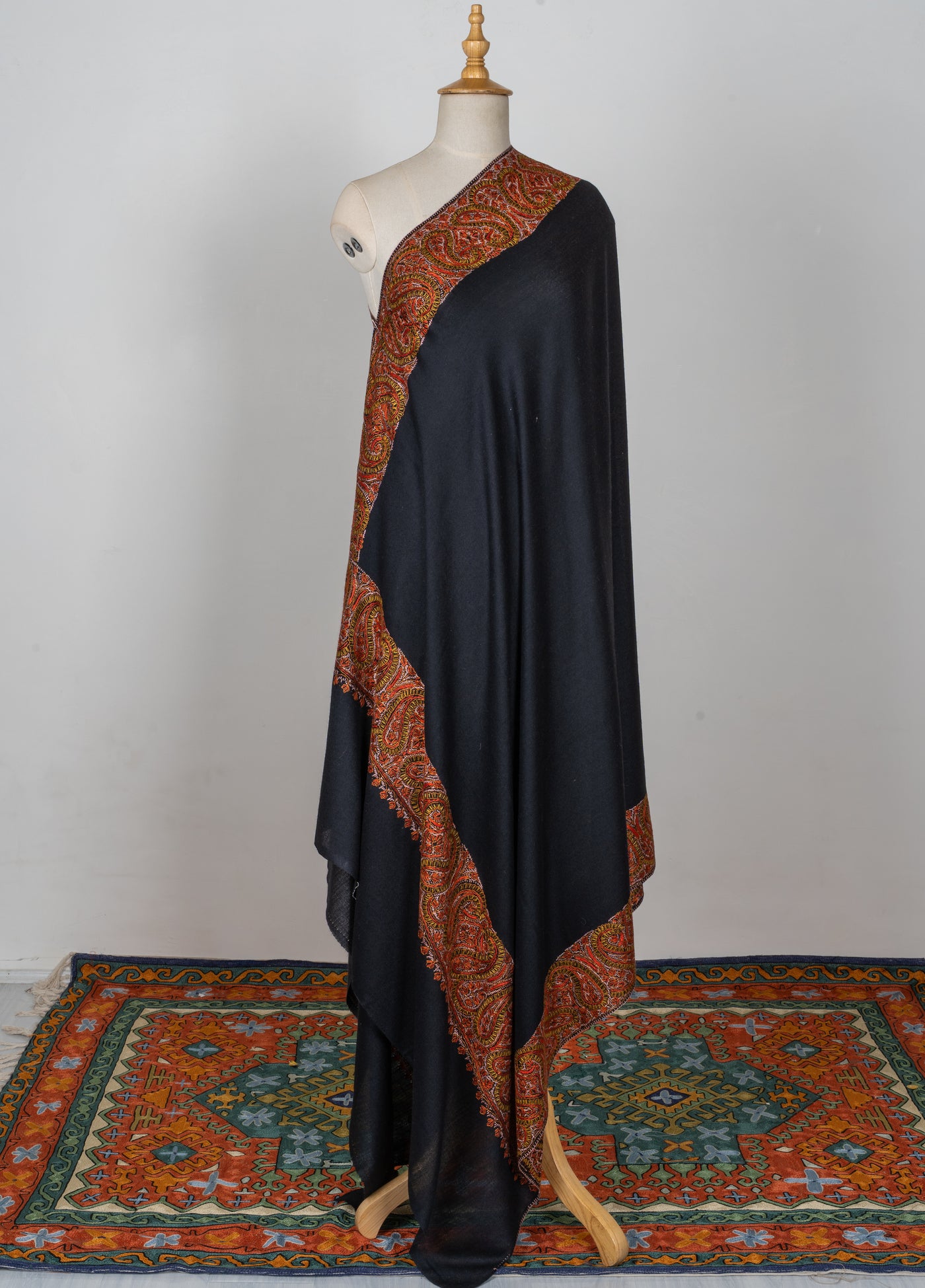 2.5 Yards | Siyah-e-Zari — Sozni Hand-Embroidered Shawl in Black with Rust & Olive Paisleys