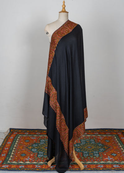 2.5 Yards | Siyah-e-Zari — Sozni Hand-Embroidered Shawl in Black with Rust & Olive Paisleys