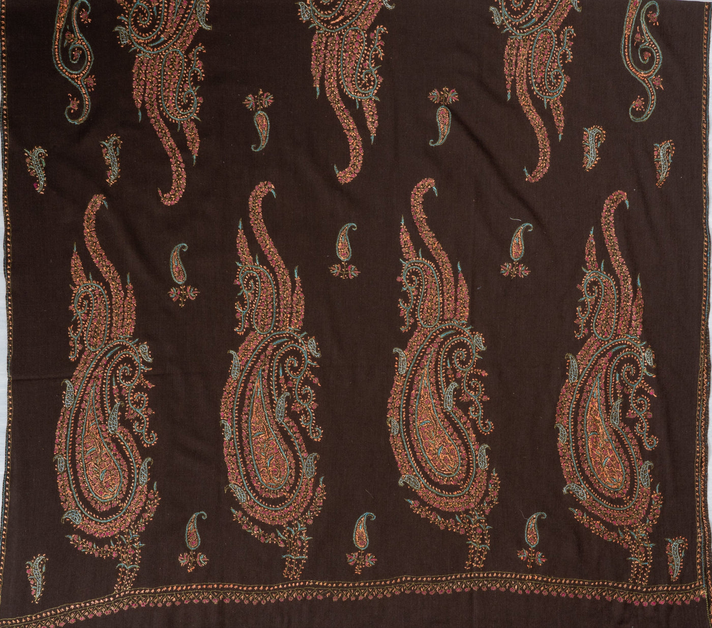 2.5 Yards | Shafaq-e-Tabassum — Sozni Hand-Embroidered Shawl in Deep Cocoa with Paisley Medallions
