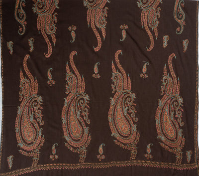 2.5 Yards | Shafaq-e-Tabassum — Sozni Hand-Embroidered Shawl in Deep Cocoa with Paisley Medallions