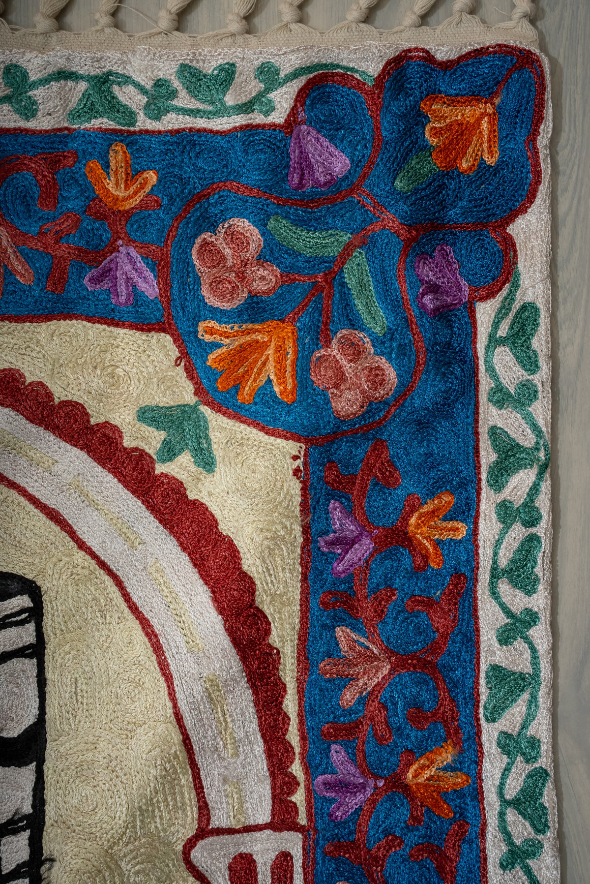 Azure Blossom Sanctuary: Hand Embroidered Jainimaz (Prayer Mat)