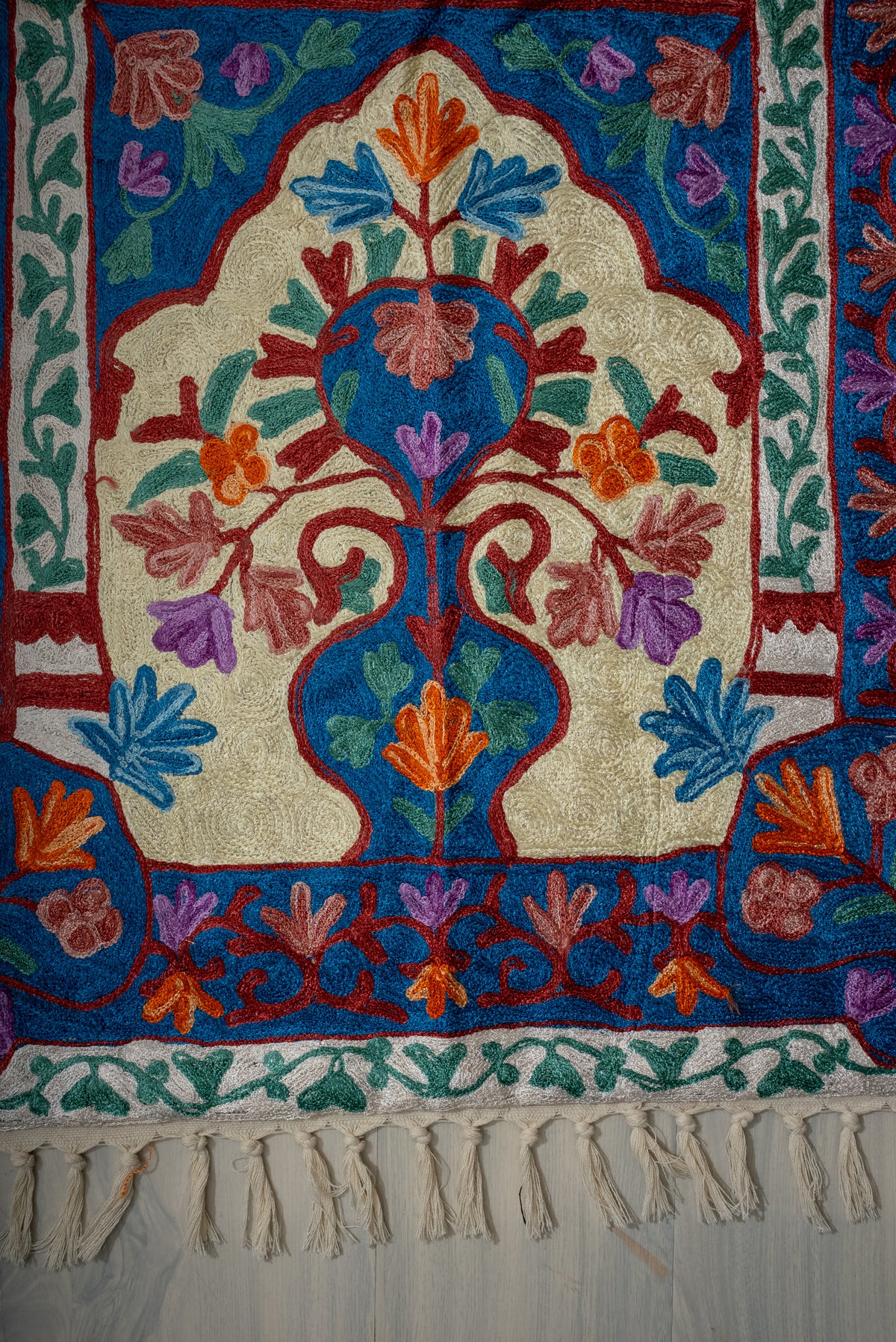 Azure Blossom Sanctuary: Hand Embroidered Jainimaz (Prayer Mat)