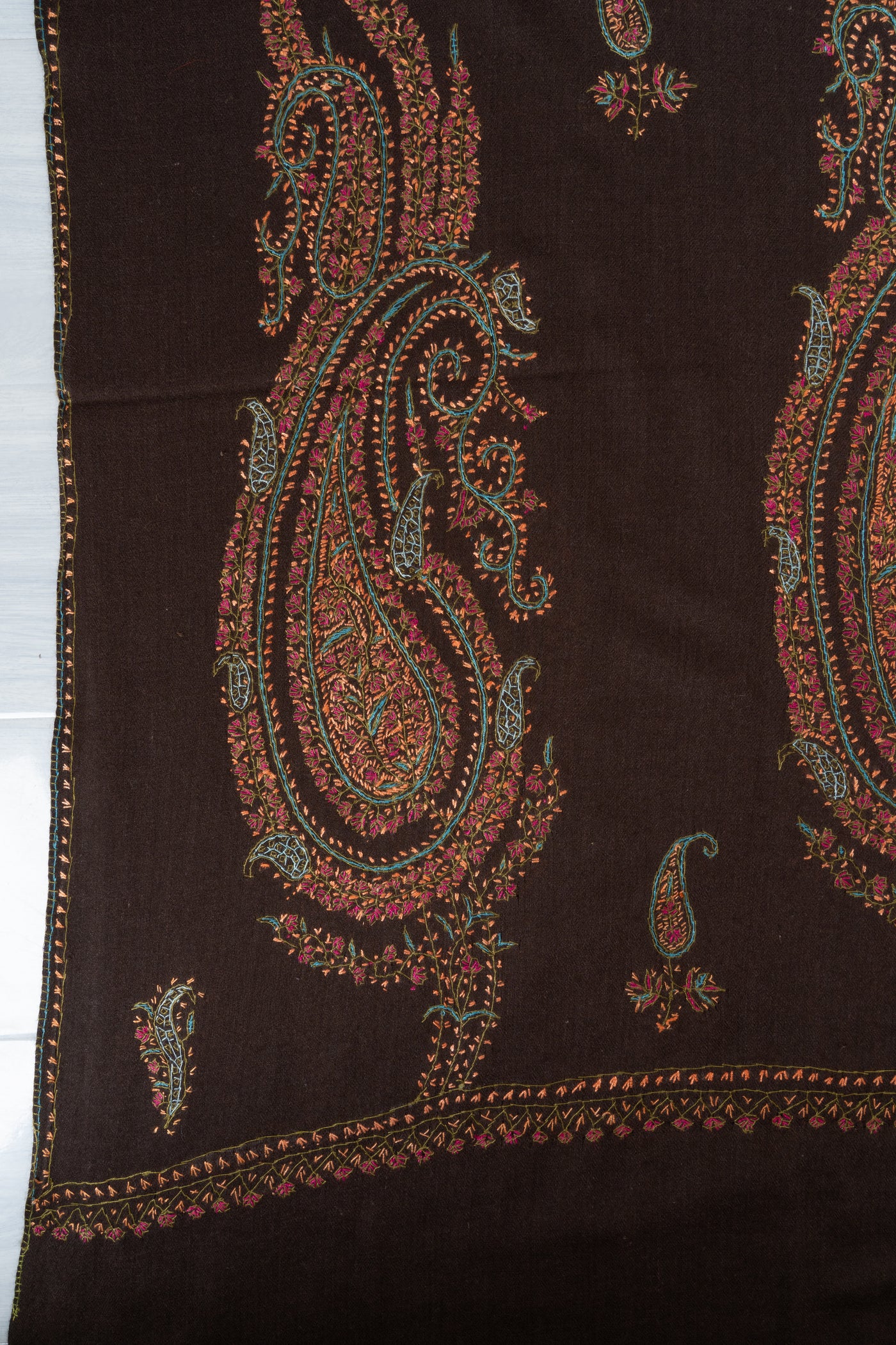 2.5 Yards | Shafaq-e-Tabassum — Sozni Hand-Embroidered Shawl in Deep Cocoa with Paisley Medallions