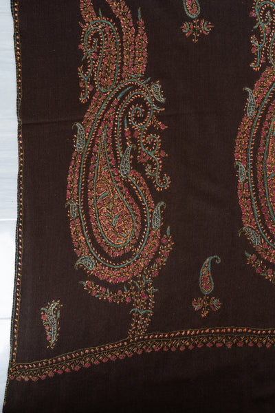 2.5 Yards | Shafaq-e-Tabassum — Sozni Hand-Embroidered Shawl in Deep Cocoa with Paisley Medallions