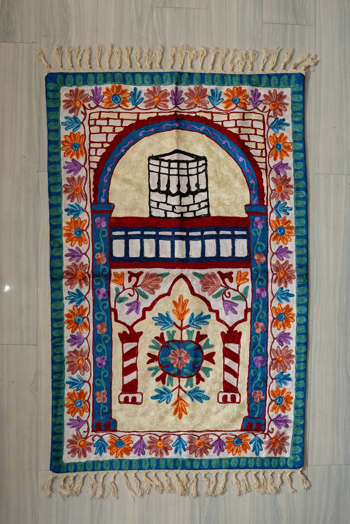 Crimson Floral Haven: Hand Embroidered Jainimaz (Prayer Mat)