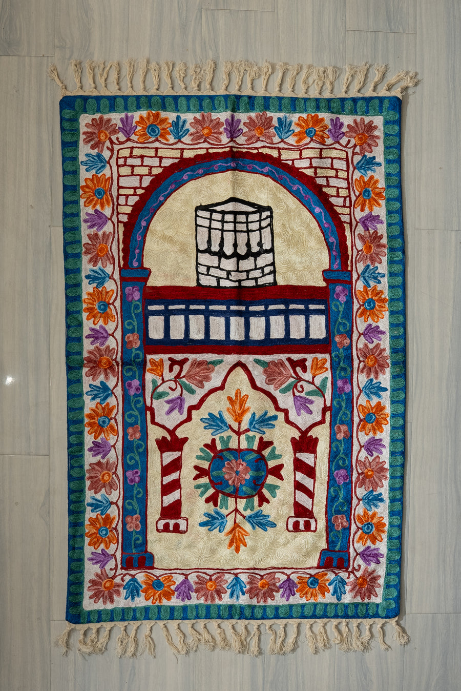 Crimson Floral Haven: Hand Embroidered Jainimaz (Prayer Mat)