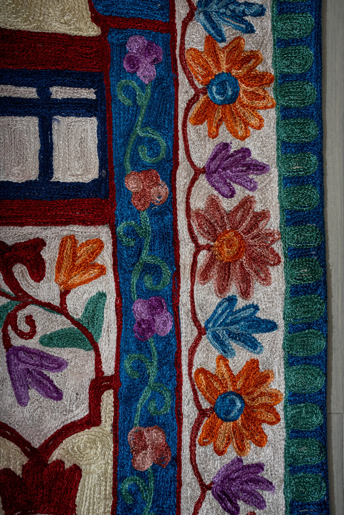 Side detail of the prayer mat with orange, pink and purple flowers beside blue floral bands and teal edging