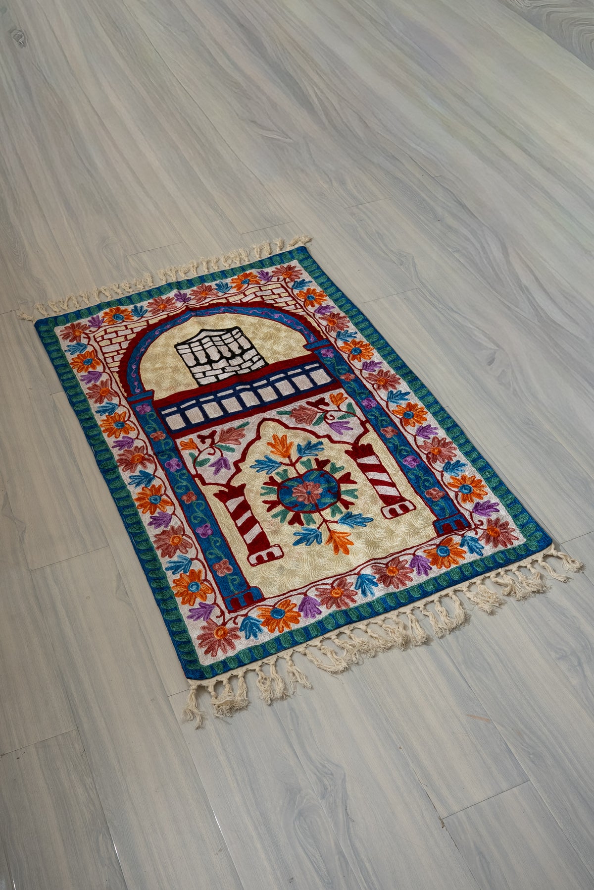 Crimson Floral Haven: Hand Embroidered Jainimaz (Prayer Mat)