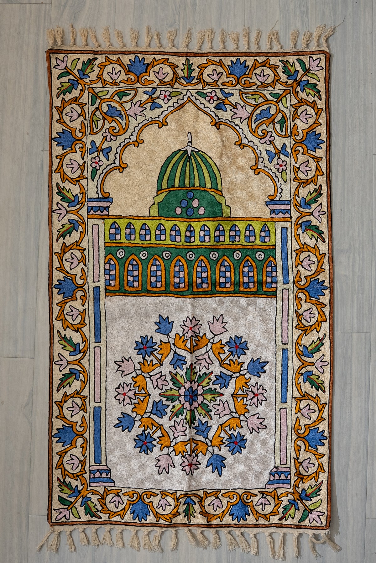 Emerald Dome Garden: Hand Embroidered Jainimaz (Prayer Mat)