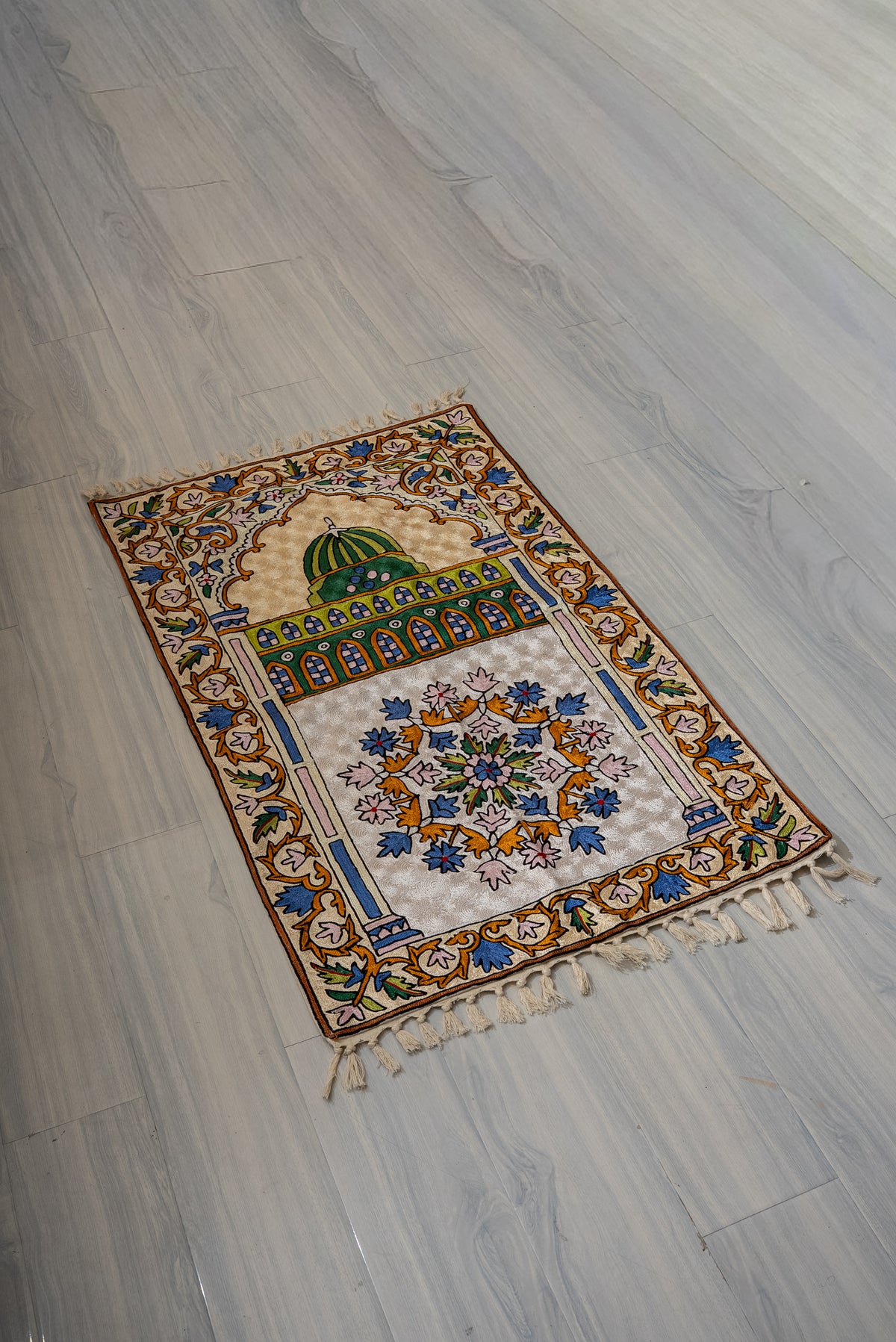 Emerald Dome Garden: Hand Embroidered Jainimaz (Prayer Mat)