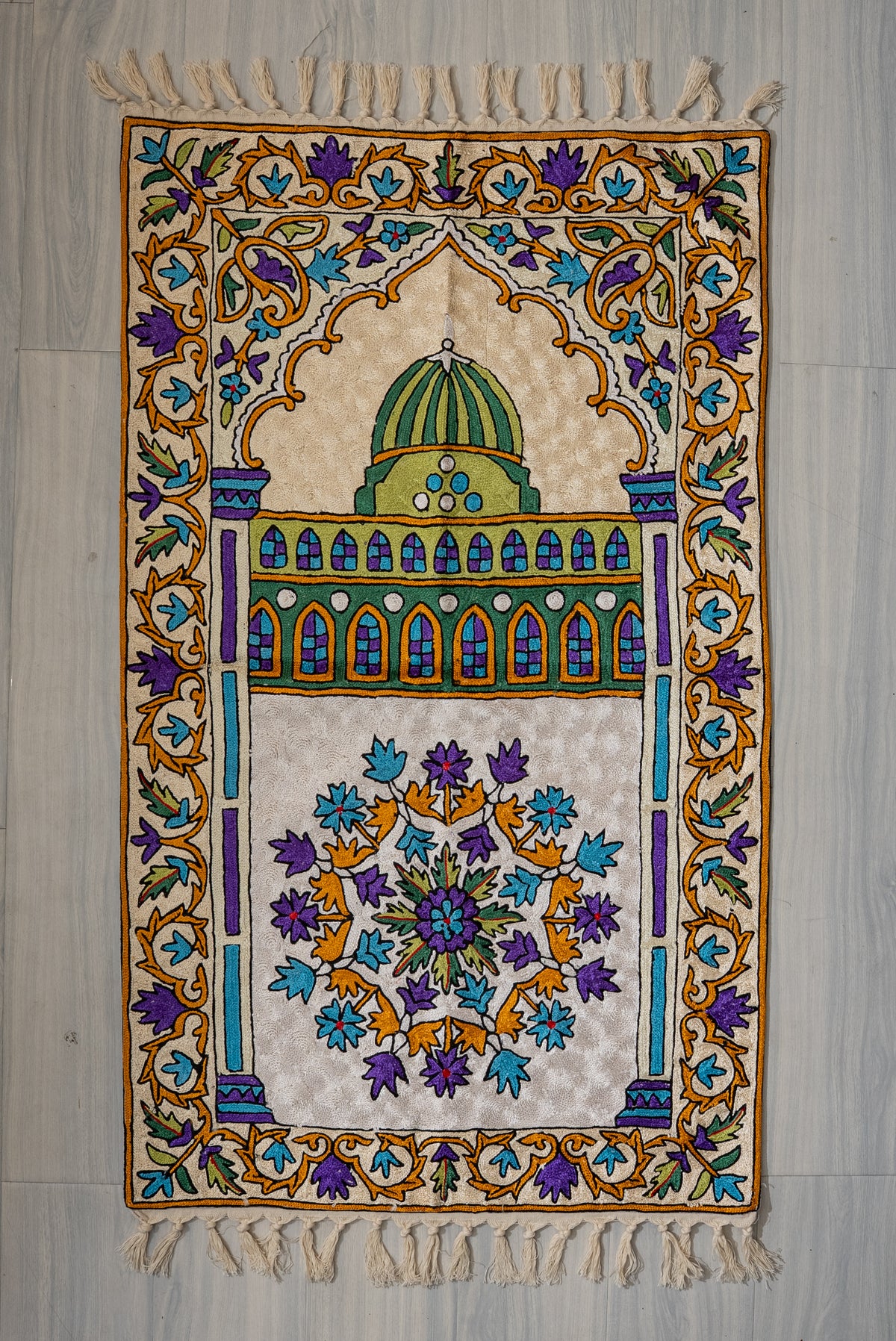 Regal Floral Dome: Hand Embroidered Jainimaz (Prayer Mat)