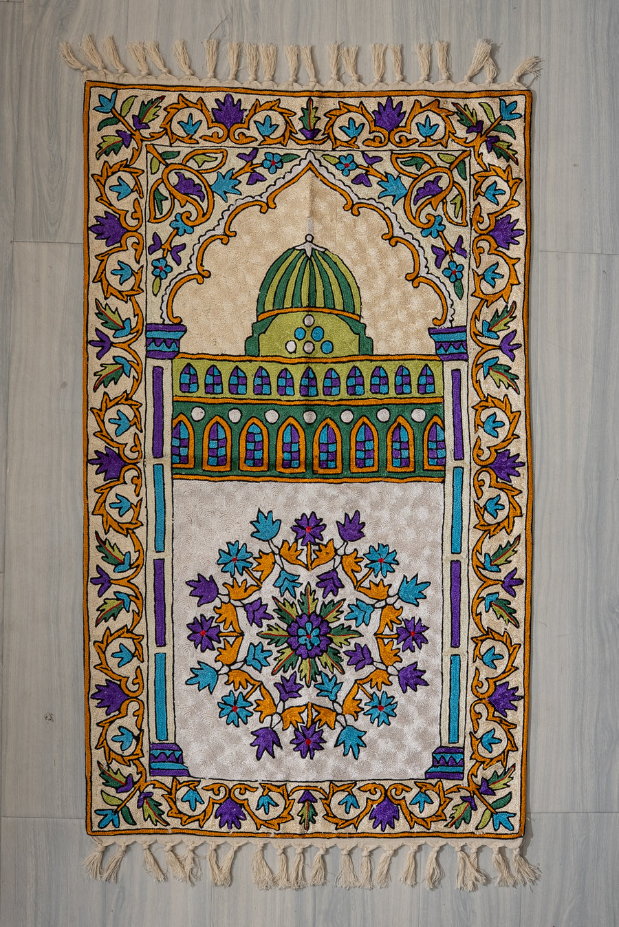 Regal Floral Dome: Hand Embroidered Jainimaz (Prayer Mat)