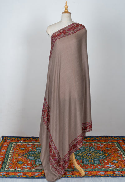 2.5 Yards | Ferozi-Gulzar — Sozni Hand-Embroidered Pashmina Shawl in Cocoa Taupe with Crimson & Fuchsia Border