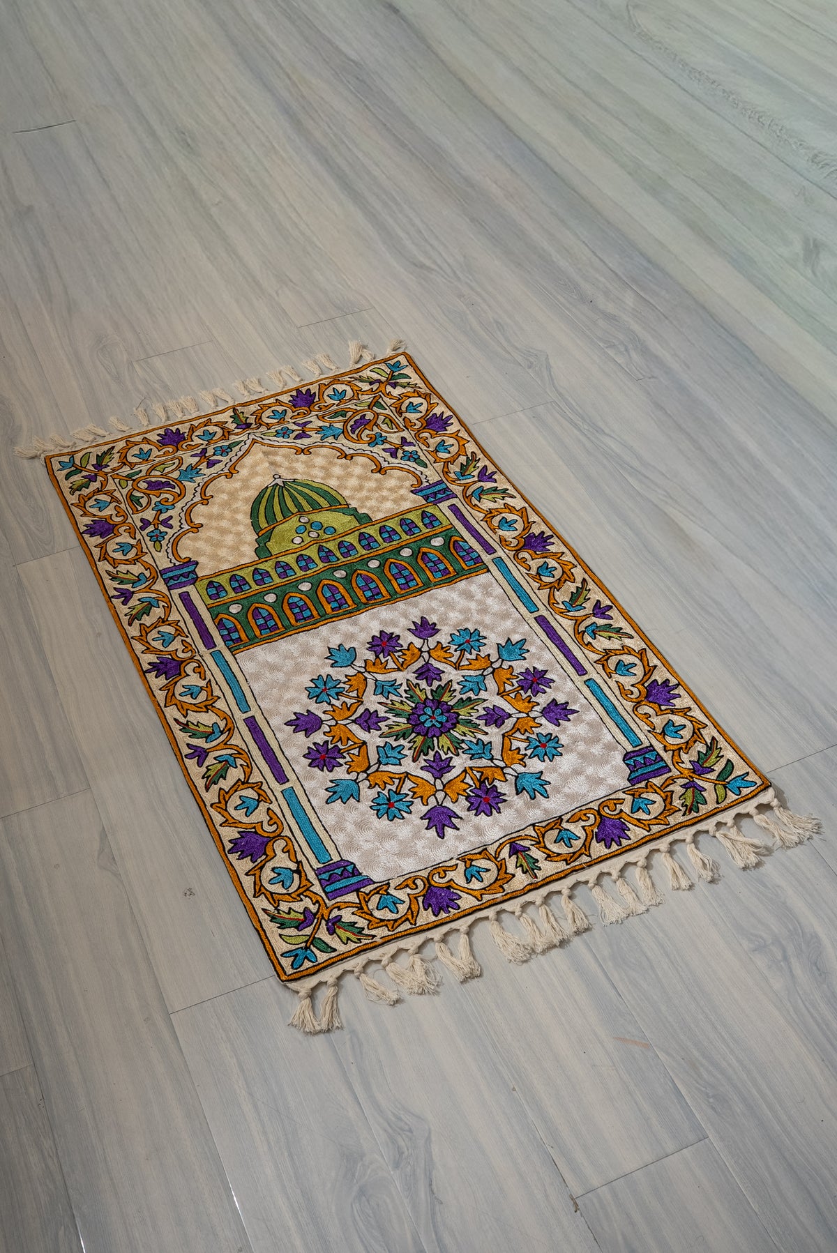 Regal Floral Dome: Hand Embroidered Jainimaz (Prayer Mat)