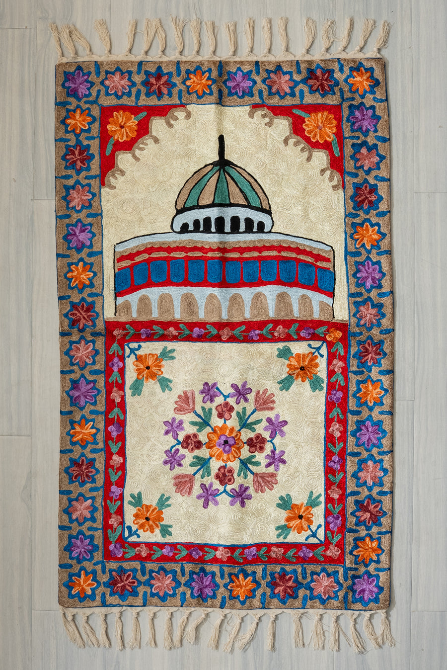 Azure Heritage Bloom: Hand Embroidered Jainimaz (Prayer Mat)