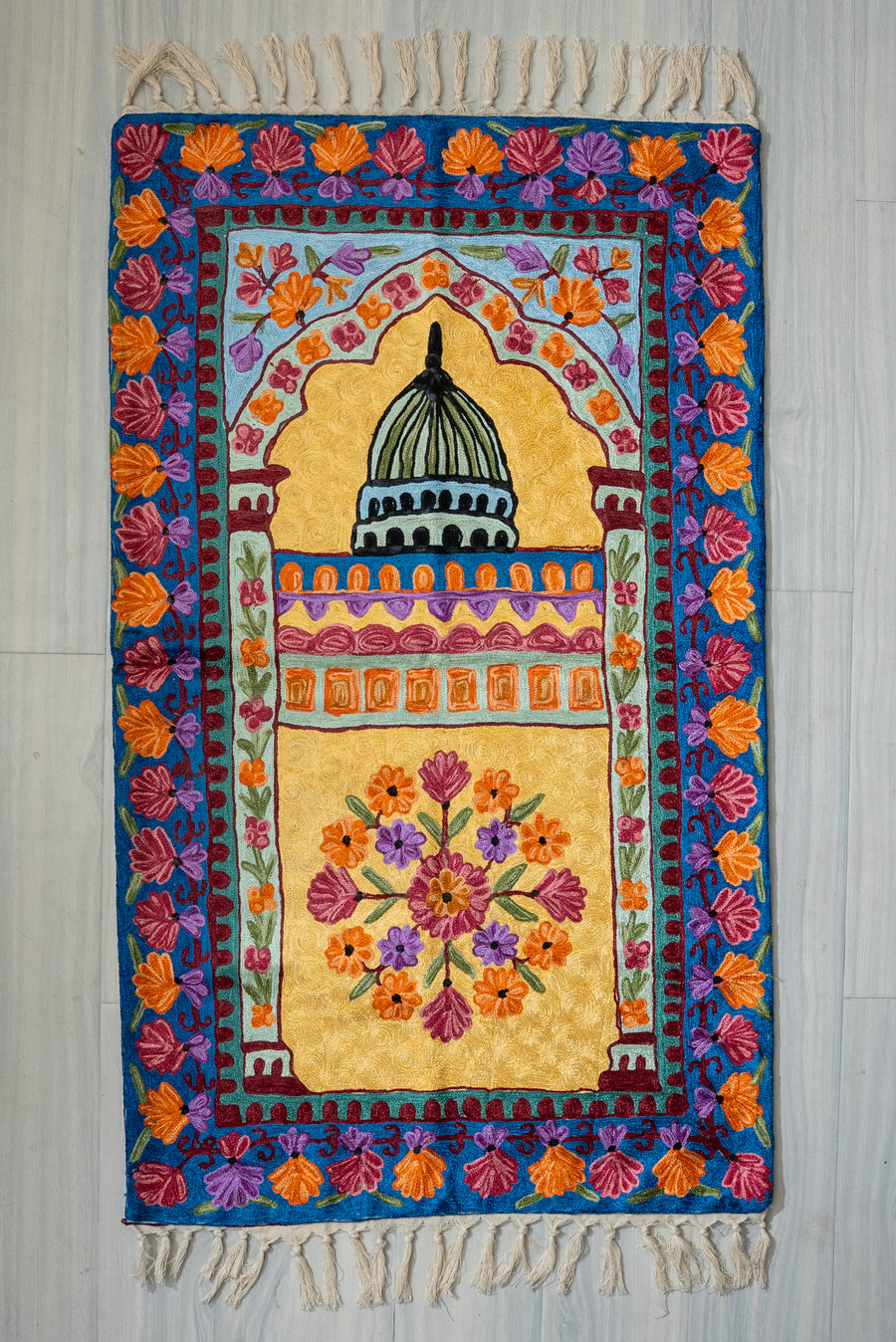 Golden Garden Radiance: Hand Embroidered Jainimaz (Prayer Mat)