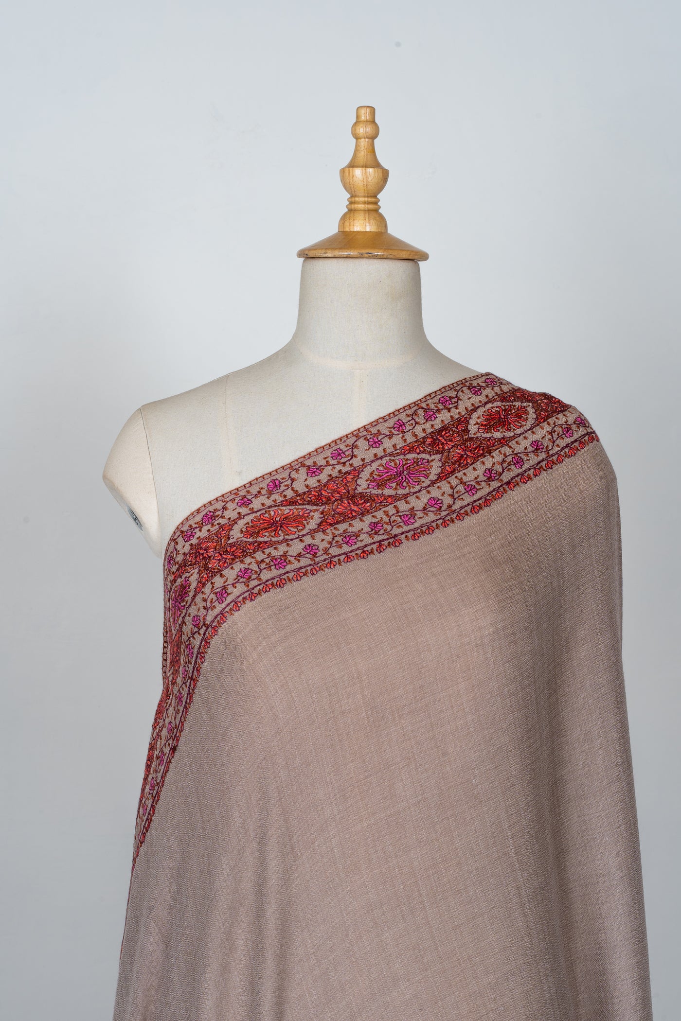 2.5 Yards | Ferozi-Gulzar — Sozni Hand-Embroidered Pashmina Shawl in Cocoa Taupe with Crimson & Fuchsia Border