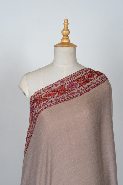 2.5 Yards | Ferozi-Gulzar — Sozni Hand-Embroidered Pashmina Shawl in Cocoa Taupe with Crimson & Fuchsia Border