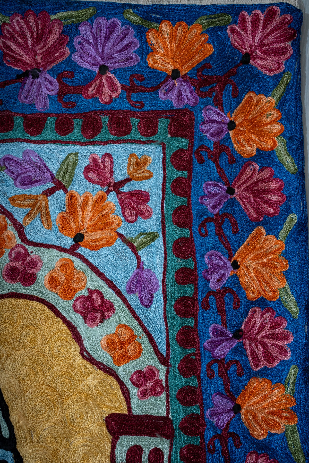 Golden Garden Radiance: Hand Embroidered Jainimaz (Prayer Mat)
