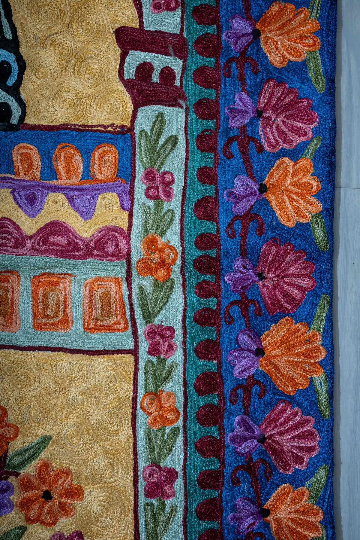 Golden Garden Radiance: Hand Embroidered Jainimaz (Prayer Mat)