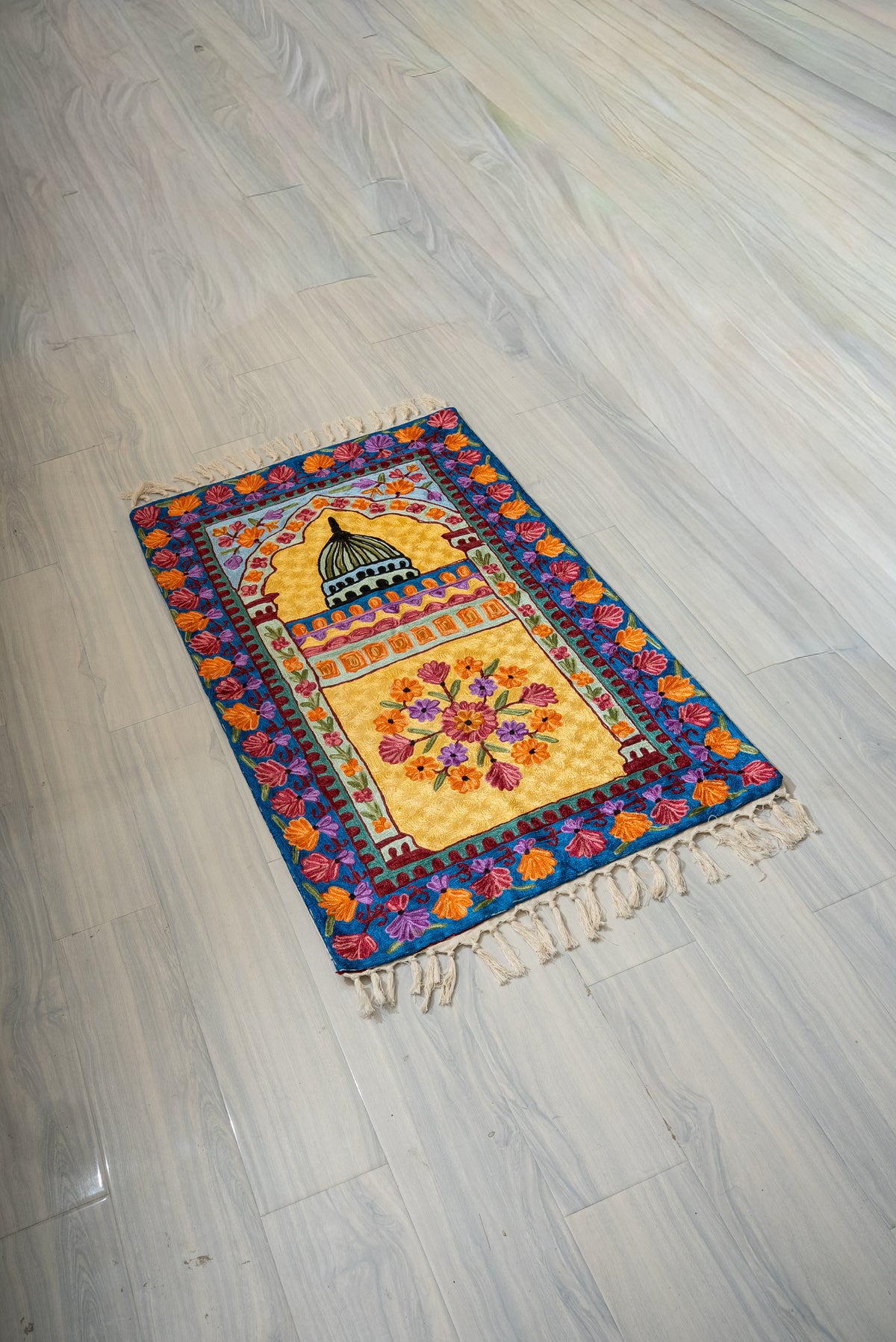 Golden Garden Radiance: Hand Embroidered Jainimaz (Prayer Mat)